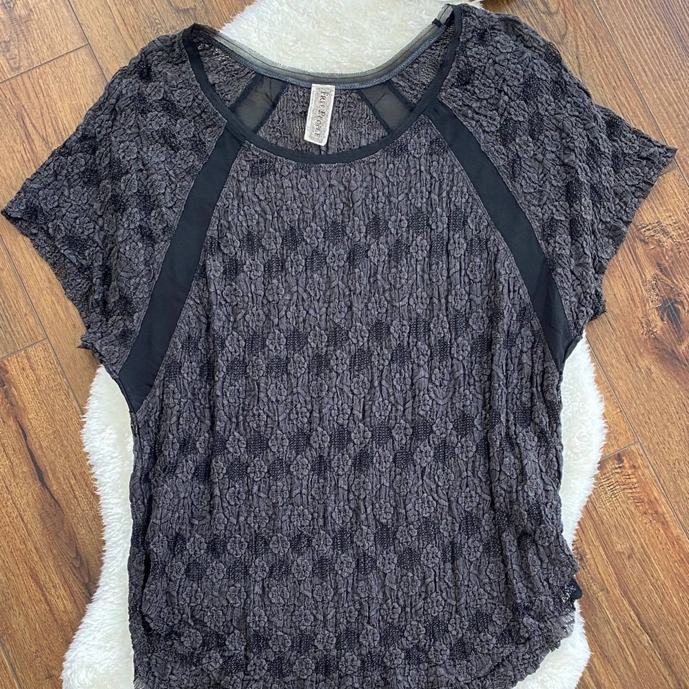 Free People Charcoal Textured Short Sleeve Top
